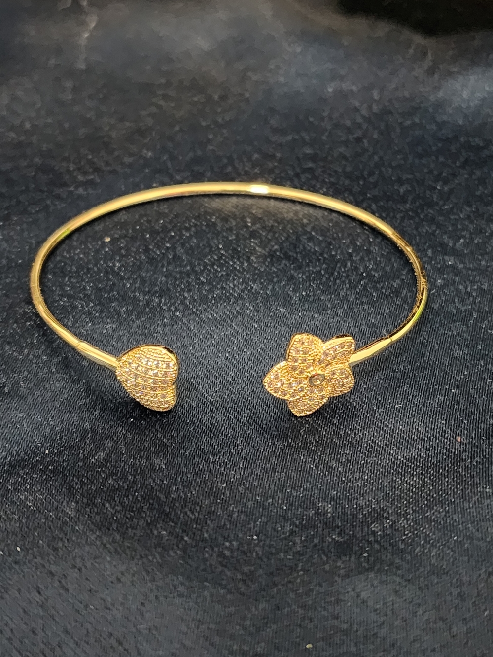 14k Gold Open Cuff Bracelet with Pave Flower and Heart Accents And A+ CZ.